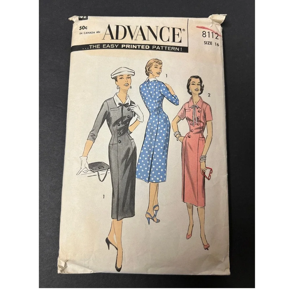 Vintage 1950's Advance 8112 Sewing Pattern Misses‎ Dress Size 16 HTF RARE